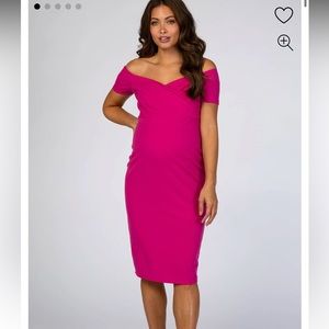 PinkBlush Magenta Solid Off Shoulder Maternity Fitted Dress